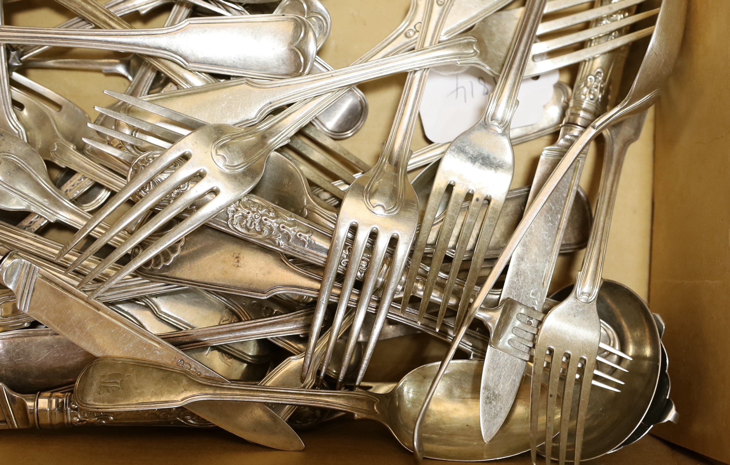 A quantity of assorted mainly 19th century and later silver flatware including ten items of fiddle and thread by Richard Crossley, London, 1801 and a plated teaspoon, weighable silver 72 oz.